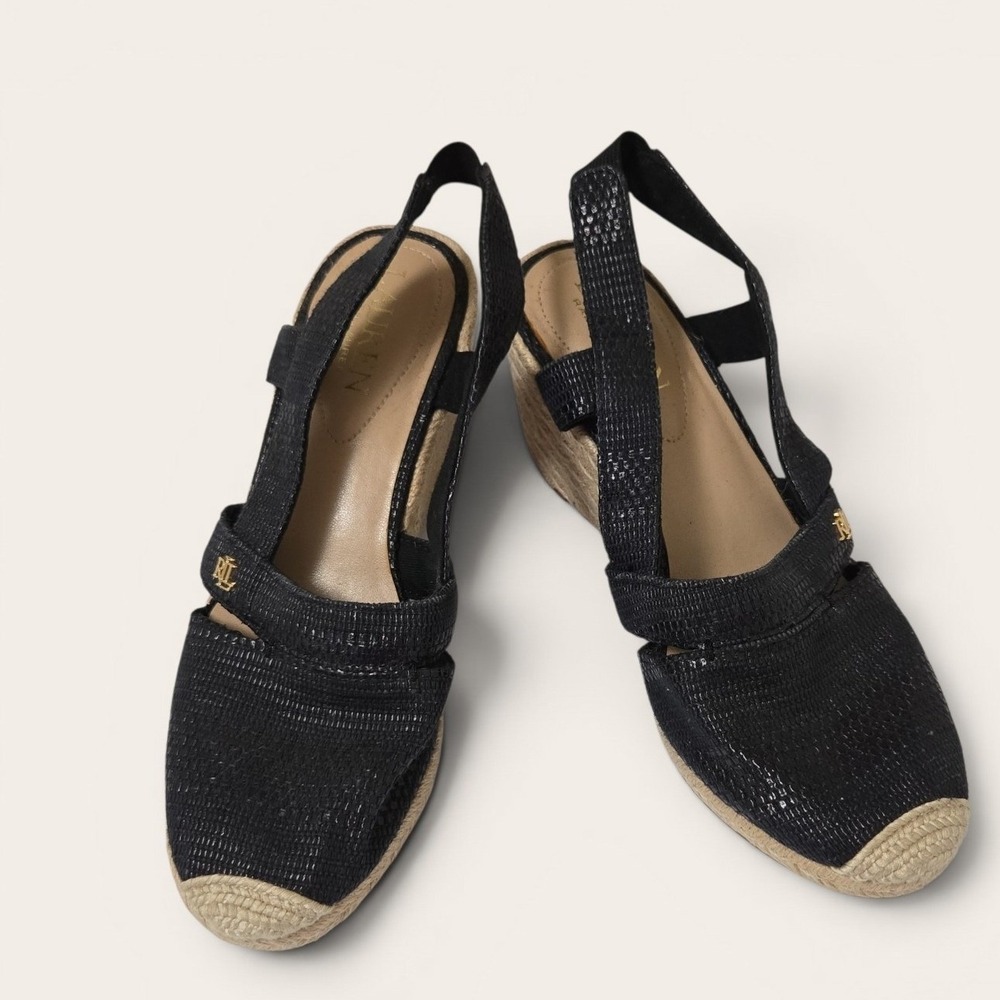 Lauren Ralph Lauren Penelopie Black Espadrille Wedge Sandals Women 7B LRL Logo
